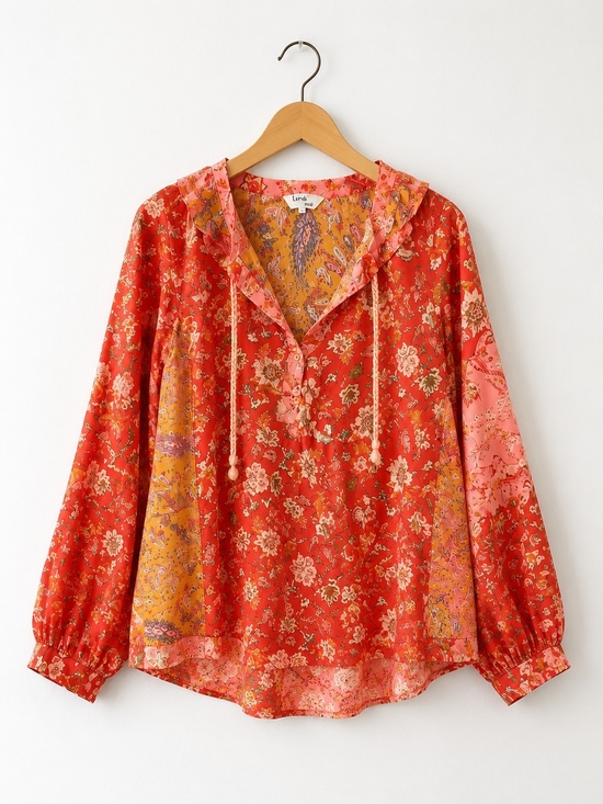 Tops - Boho Patchwork Print Red Floral Blouse | Cottagecore Peasant Top | Romantic